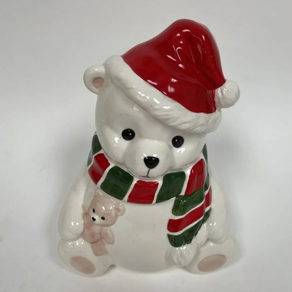 Homco 1991 Cookie Jar Canister Teddy Bear White Red Green‎ 8